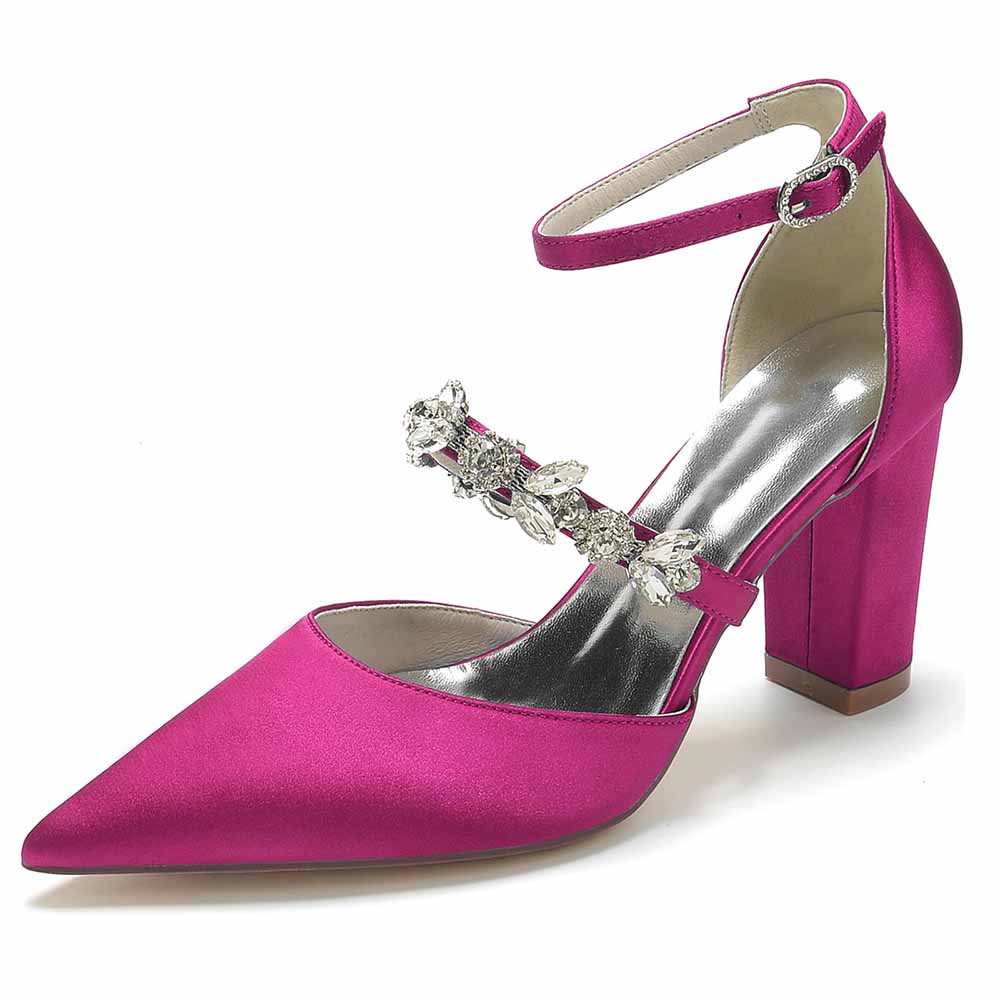 Women's satin rhinestone high heels in vibrant pink with ankle strap and decorative gems