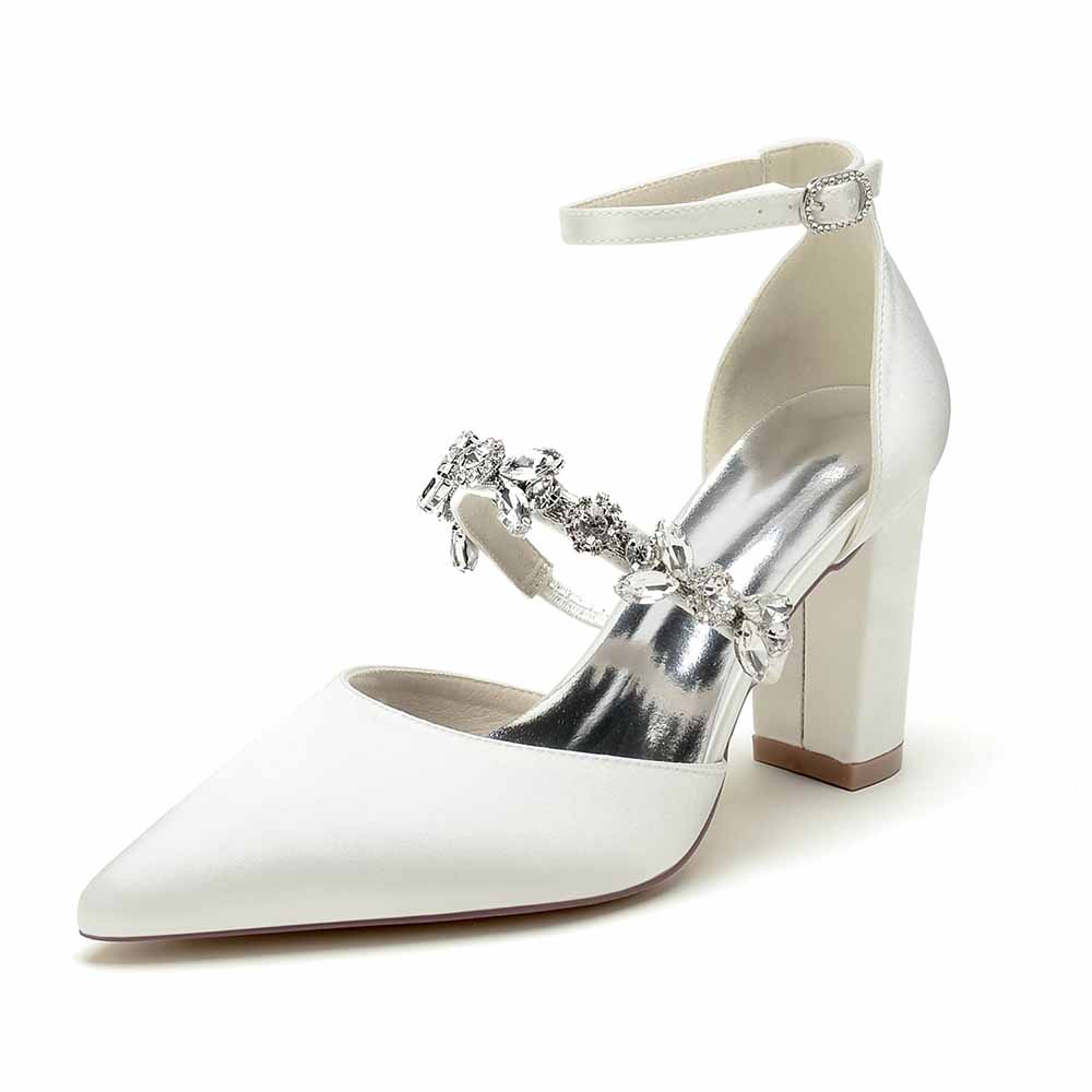 Women's satin rhinestone high heels with elegant ankle strap and block heel design 
