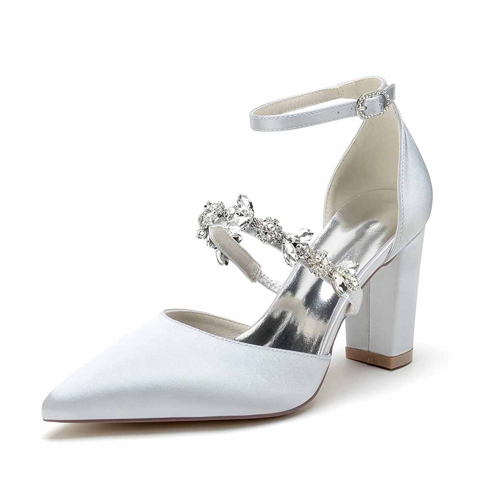 Women's satin rhinestone high heels with elegant ankle strap and block heel design