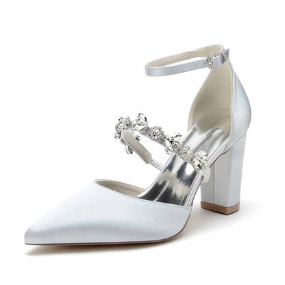 Women's satin rhinestone high heels with elegant ankle strap and block heel design