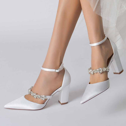 Elegant women's satin rhinestone high heels with a chic ankle strap and block heel design