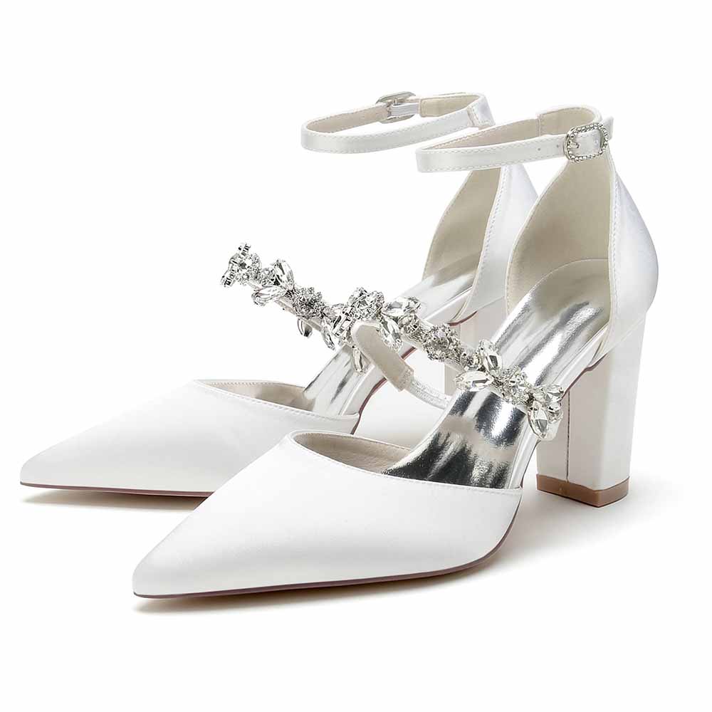 S&DCo. women's satin rhinestone high heels with ankle strap and embellished details in white