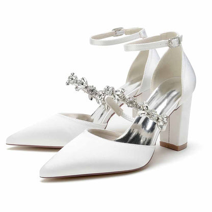 S&DCo. women's satin rhinestone high heels with ankle strap and embellished details in white