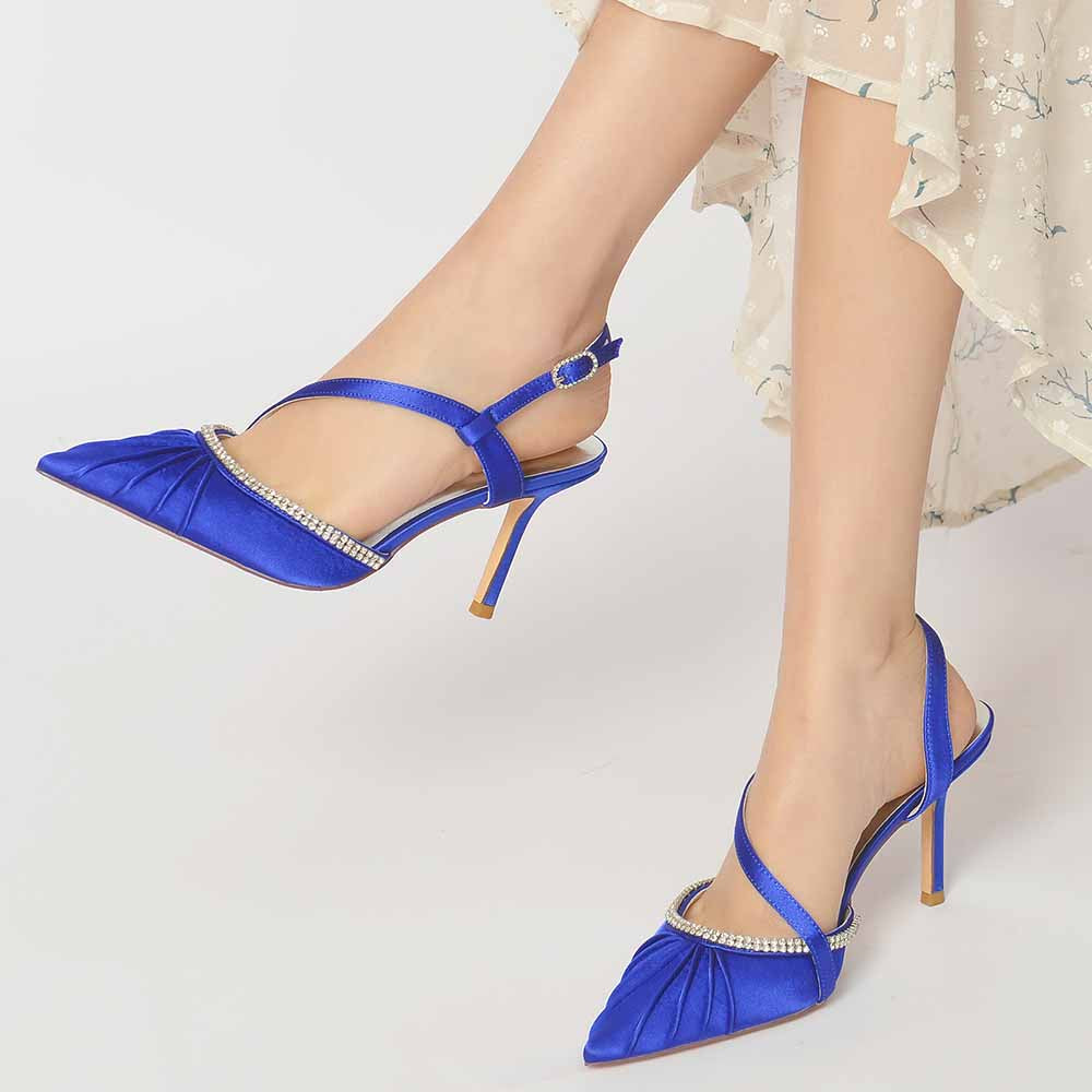 S&DCo. women's satin wedding heels in royal blue with embellished strap and pointed toe design