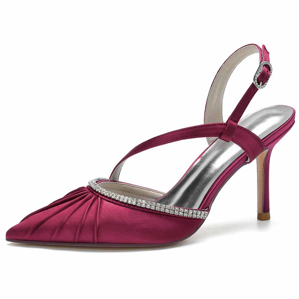 S&DCo. women's satin wedding heels in burgundy with elegant rhinestone detailing