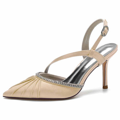 S&DCo. women's satin wedding heels in beige with elegant pleating and sparkling rhinestone detail