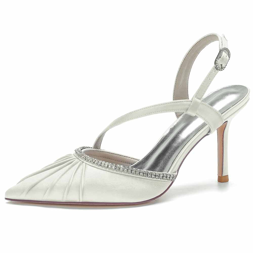 Elegant S&DCo. women's satin wedding heels with a pleated design and sparkling embellishments