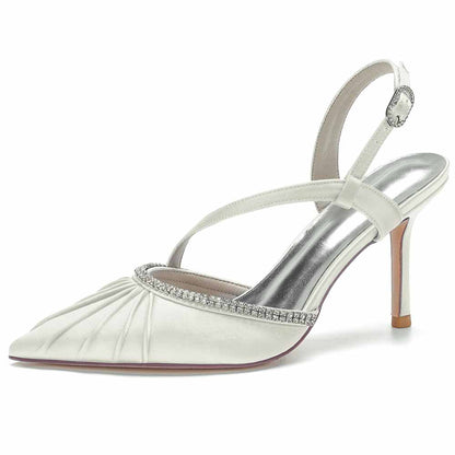 Elegant S&DCo. women's satin wedding heels with a pleated design and sparkling embellishments