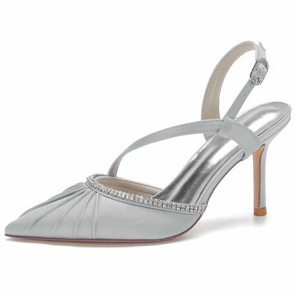 S&DCo. women's satin wedding heels in silver with elegant beaded strap and pointed toe design