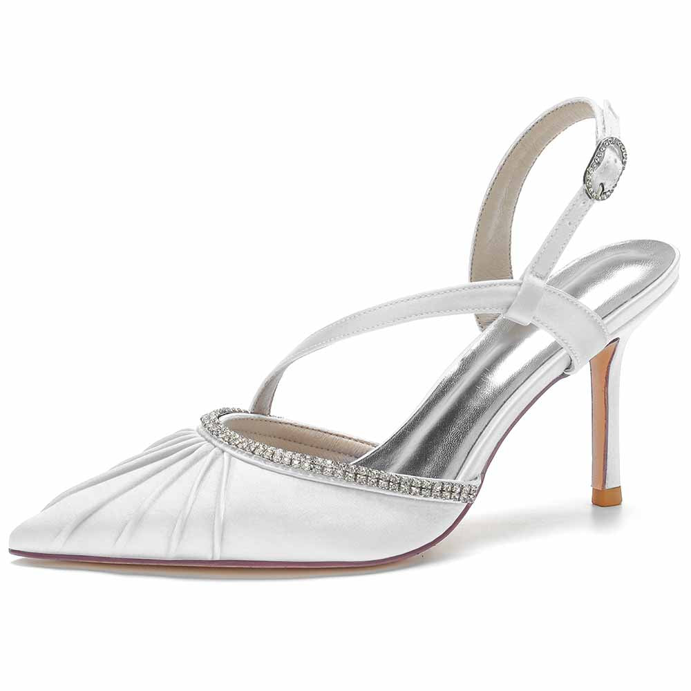 S&DCo. women's satin wedding heels with a pointed toe and sparkly embellishments