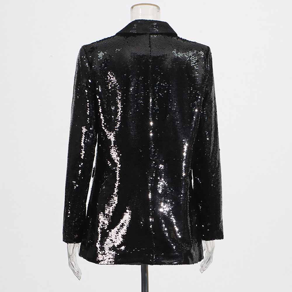 Back view of women's sequin blazer in black, featuring a sleek design and shimmering sequins