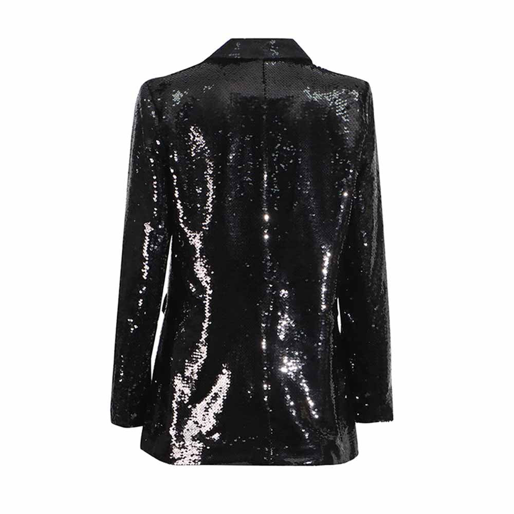 Stylish women's sequin blazer in black, featuring a sleek back design and shiny sequins for a glamorous look