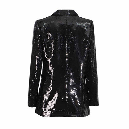 Stylish women's sequin blazer in black, featuring a sleek back design and shiny sequins for a glamorous look