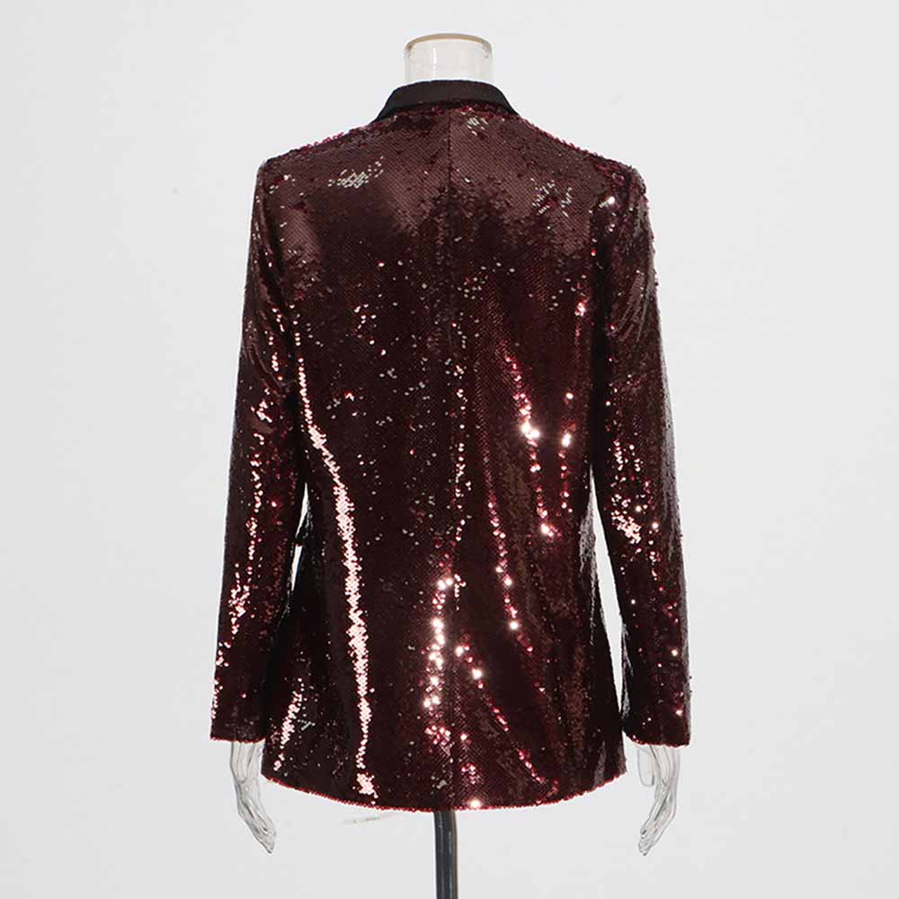 Back view of a women's sequin blazer in burgundy with a sleek design and shimmering finish
