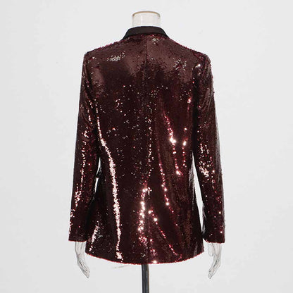 Back view of a women's sequin blazer in burgundy with a sleek design and shimmering finish