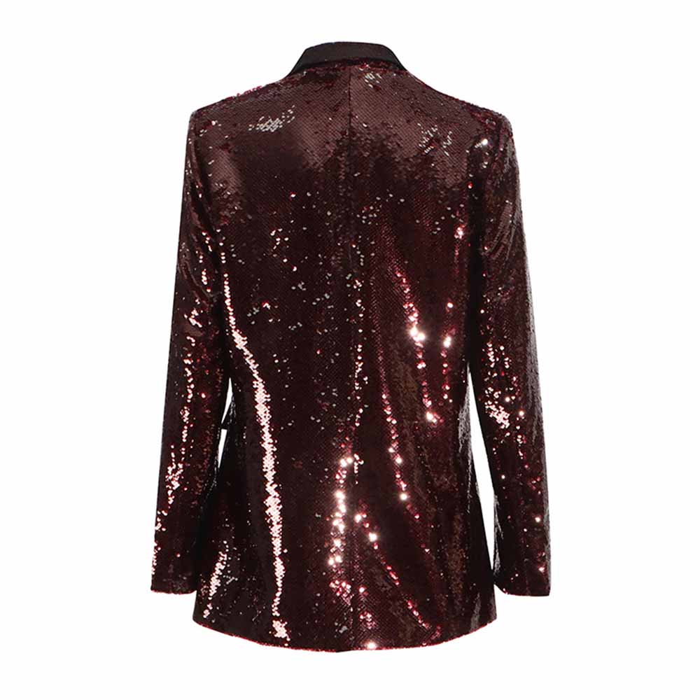 Back view of a women's sequin blazer in burgundy with a sleek and elegant design