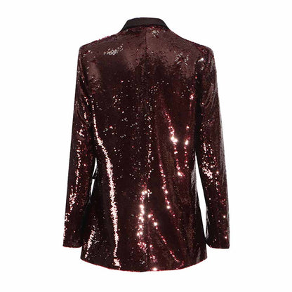 Back view of a women's sequin blazer in burgundy with a sleek and elegant design