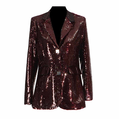 Stylish women's sequin blazer in burgundy with a classic silhouette and elegant shine