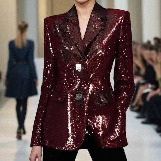 Elegant women's sequin blazer in deep burgundy featuring a chic tailored fit and shiny sequin detail