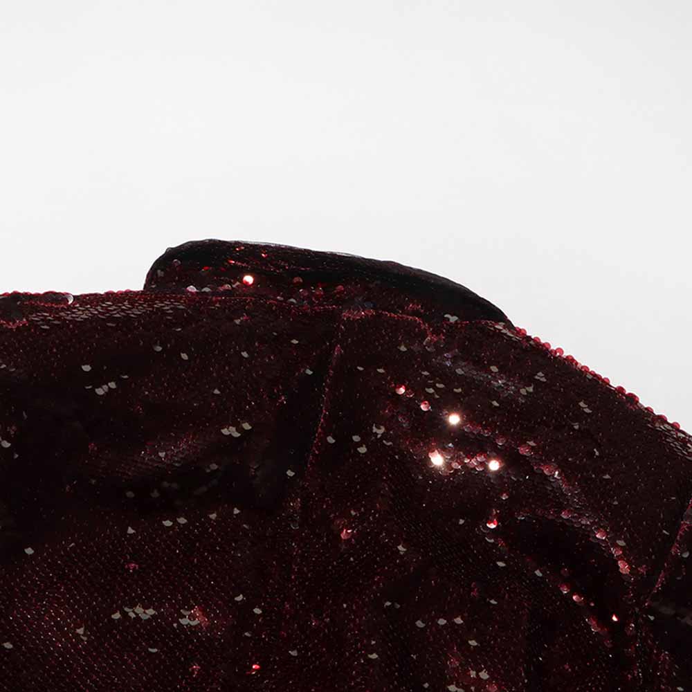 Close-up of sd-hk women's sequin blazer featuring rich burgundy sequins for a glamorous look