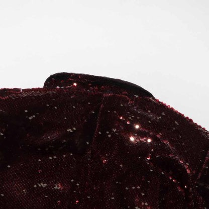 Close-up of sd-hk women's sequin blazer featuring rich burgundy sequins for a glamorous look