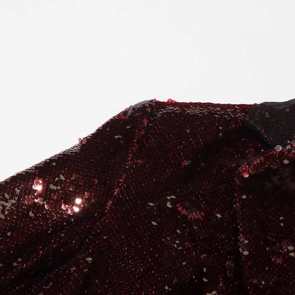 Close-up of sd-hk women's sequin blazer in a rich burgundy color with sparkling embellishments