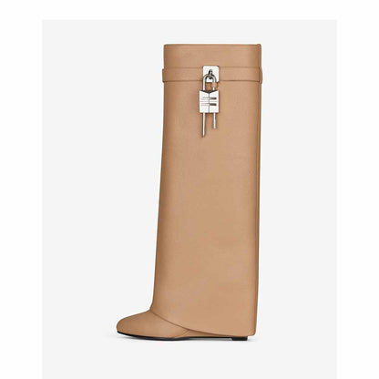 sd-hk women's shark lock knee high boots in beige with a modern design and sleek silhouette