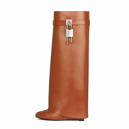 Stylish women's shark lock knee high boots in brown with a unique lock detail