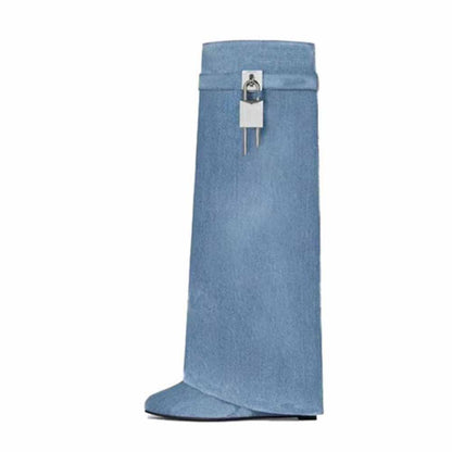 Women's shark lock knee high boots in stylish denim design with unique locking mechanism