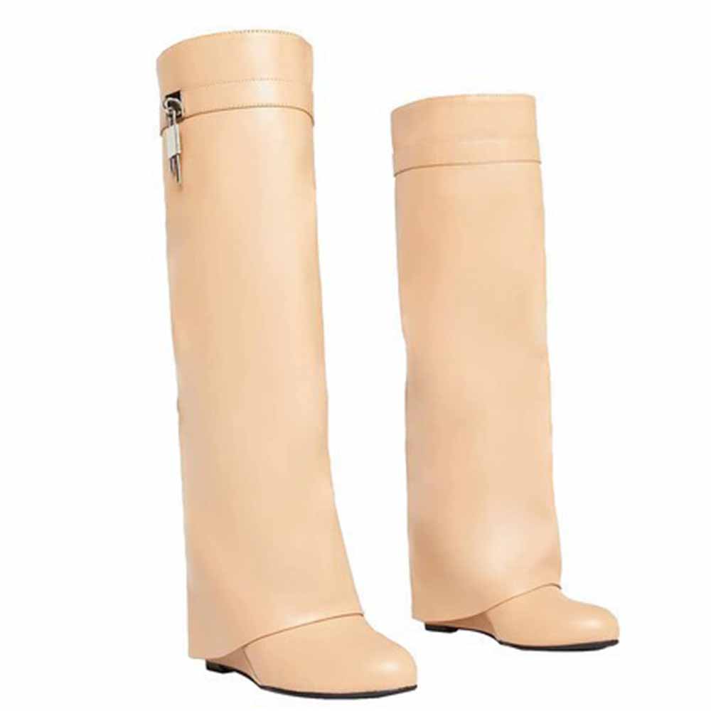 Stylish women's shark lock knee high boots in beige with a sleek, modern design for any outfit.