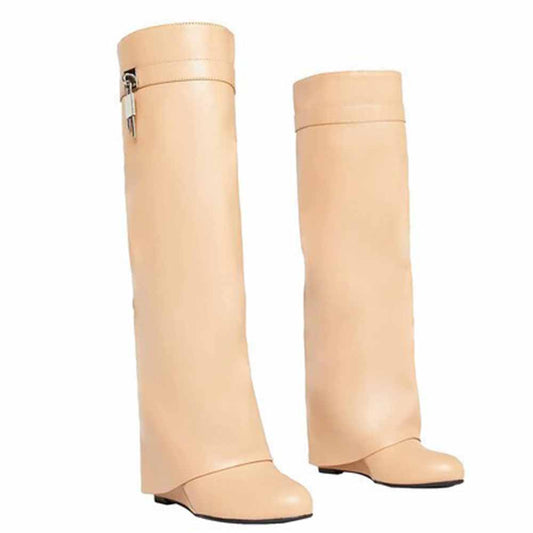 Stylish women's shark lock knee high boots in beige with a sleek, modern design for any outfit.