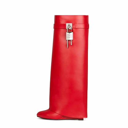 Stylish red women's shark lock knee high boots with a unique buckle design for a trendy look