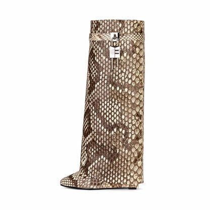 Stylish women's shark lock knee high boots in a trendy snake print design