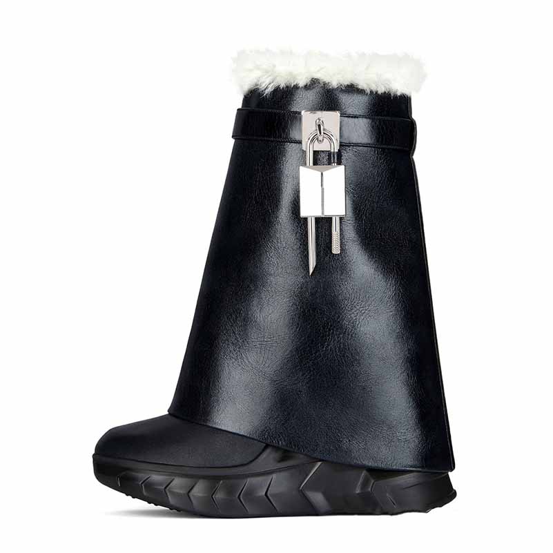 Stylish women's shark lock platform ankle boots in black with plush fur lining and unique locking detail
