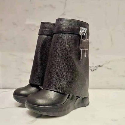 sd-hk women's shark lock platform ankle boots in black with a stylish design and modern silhouette