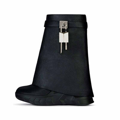 Stylish women's shark lock platform ankle boots in black with unique buckle detail