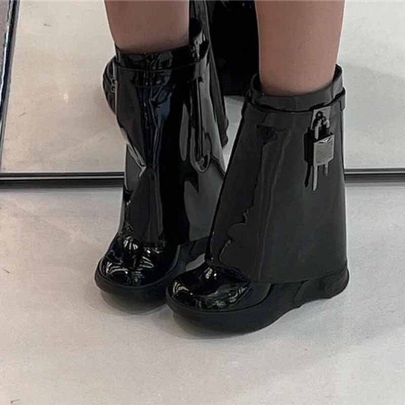 Women's shark lock platform ankle boots in glossy black with a unique design for stylish footwear