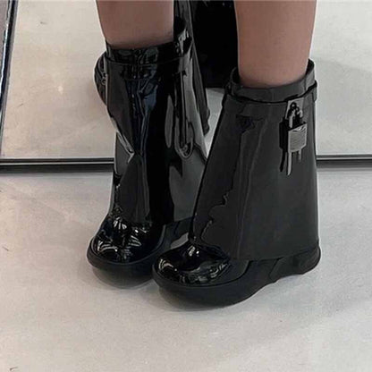 Women's shark lock platform ankle boots in glossy black with a unique design for stylish footwear