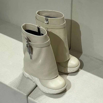 Stylish women's shark lock platform ankle boots in light beige with zipper detail