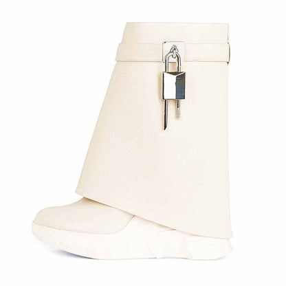 sd-hk women's shark lock platform ankle boots in cream with unique design and secure lock feature