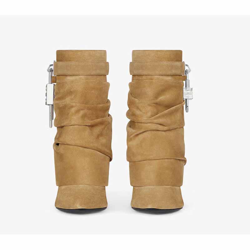 sd-hk women's shark lock stiletto ankle boots in tan with stylish ruched design