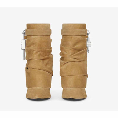 sd-hk women's shark lock stiletto ankle boots in tan with stylish ruched design