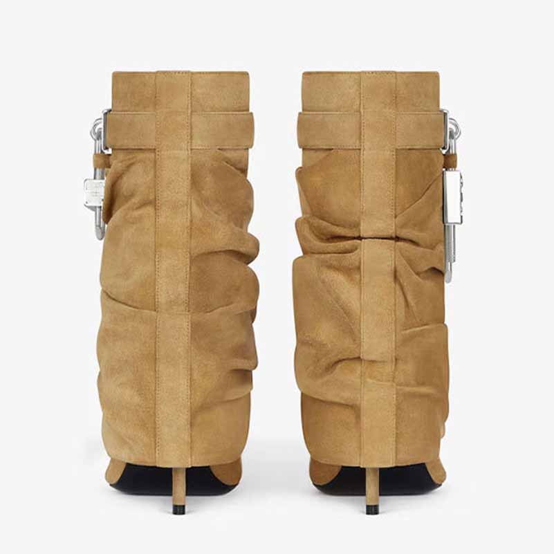 Women's Shark Lock Stiletto Ankle Boots in Tan Suede with Ruching Detail