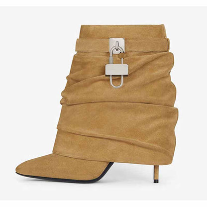 Stylish women's shark lock stiletto ankle boots in tan with a unique design and elegant silhouette