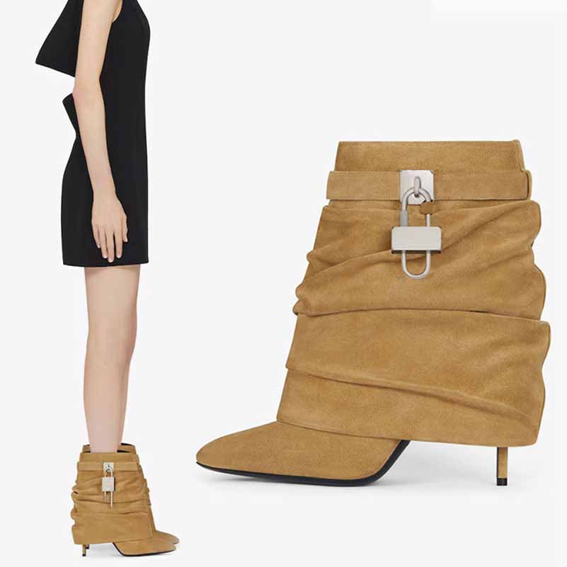 Stylish women's shark lock stiletto ankle boots in beige with a modern design and secure clasp
