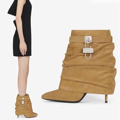 Stylish women's shark lock stiletto ankle boots in beige with a modern design and secure clasp