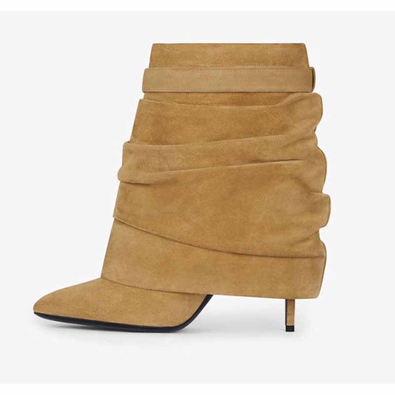 Stylish women's shark lock stiletto ankle boots in tan suede with a unique design and high heel