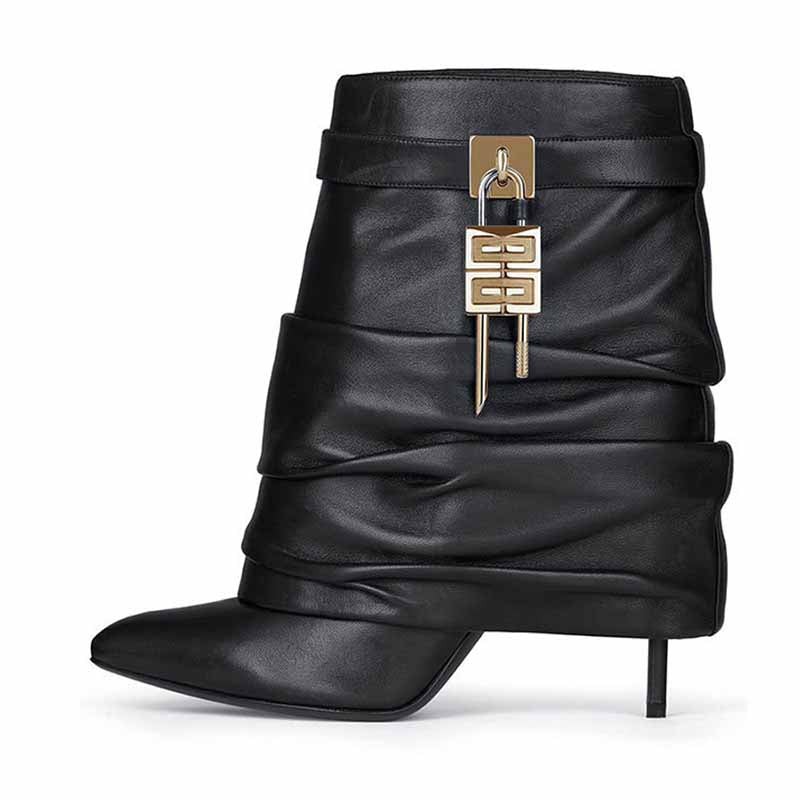 Stylish women's shark lock stiletto ankle boots in black leather with unique buckle detailing