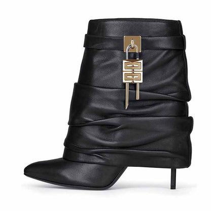 Stylish women's shark lock stiletto ankle boots in black leather with unique buckle detailing