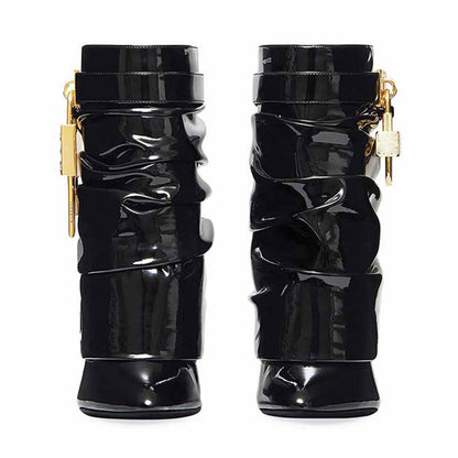 Stylish women's shark lock stiletto ankle boots in black with a glossy finish and unique design